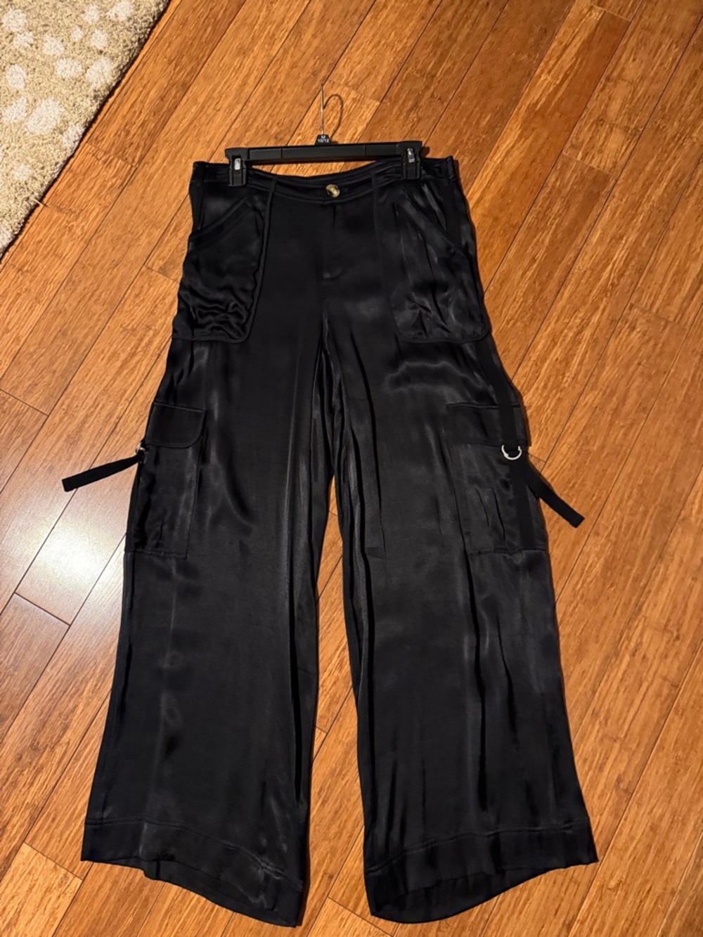 Anthropologie Wide Leg Black Cargo Satin Pants